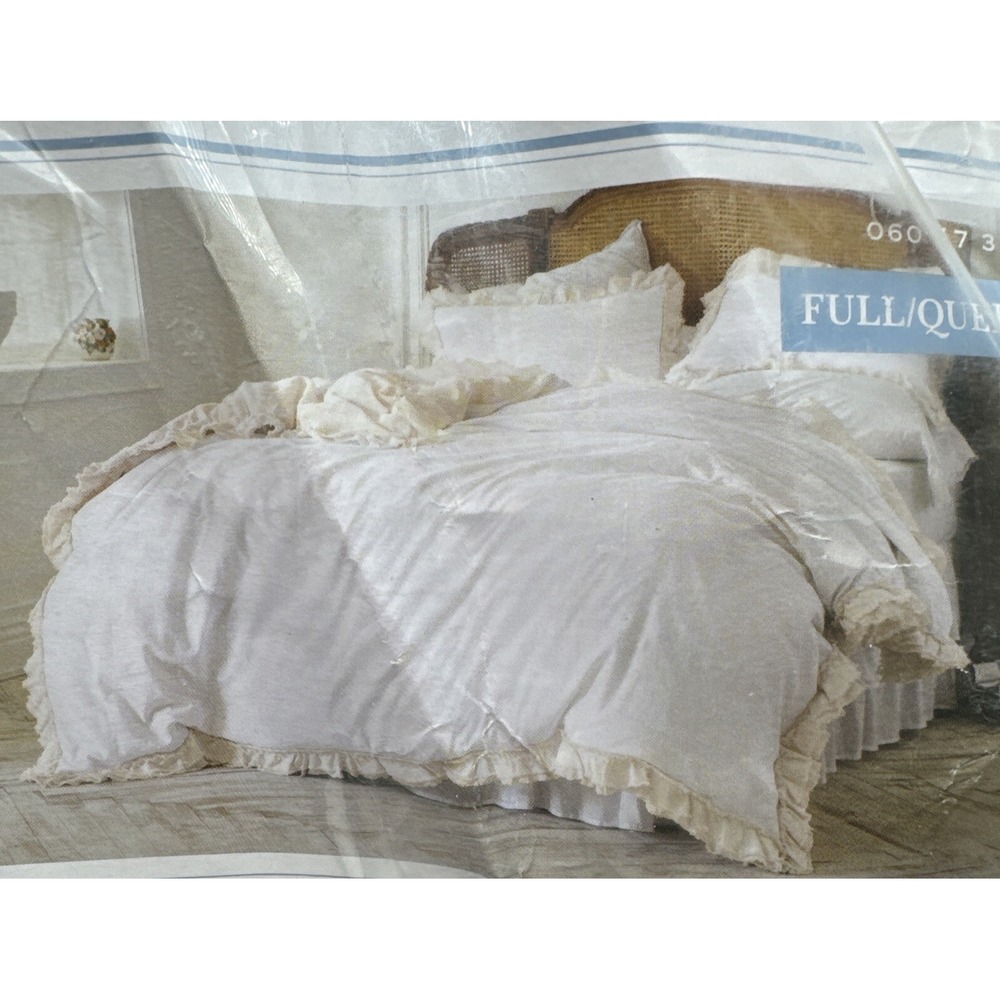 Simply Shabby Chic Linen Blend Raw Edge Ruffle Duvet Shams Full Queen‎ Off White